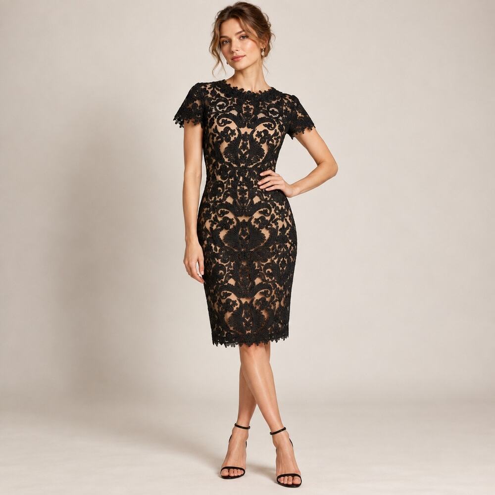 Tadashi Shoji Black Nude Corded Lace Illusion Cocktail Dress Size 8